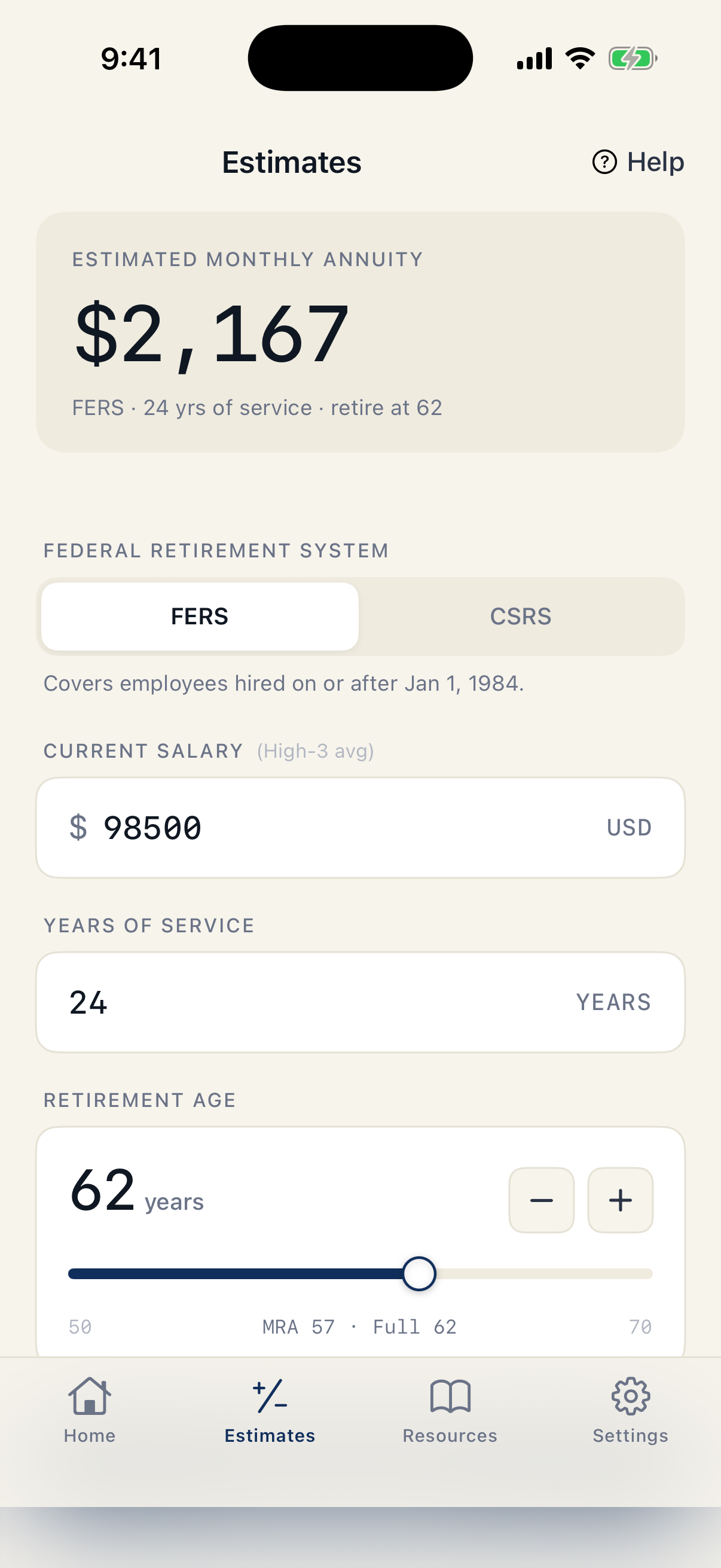 FedRetire estimates calculator showing an estimated monthly annuity