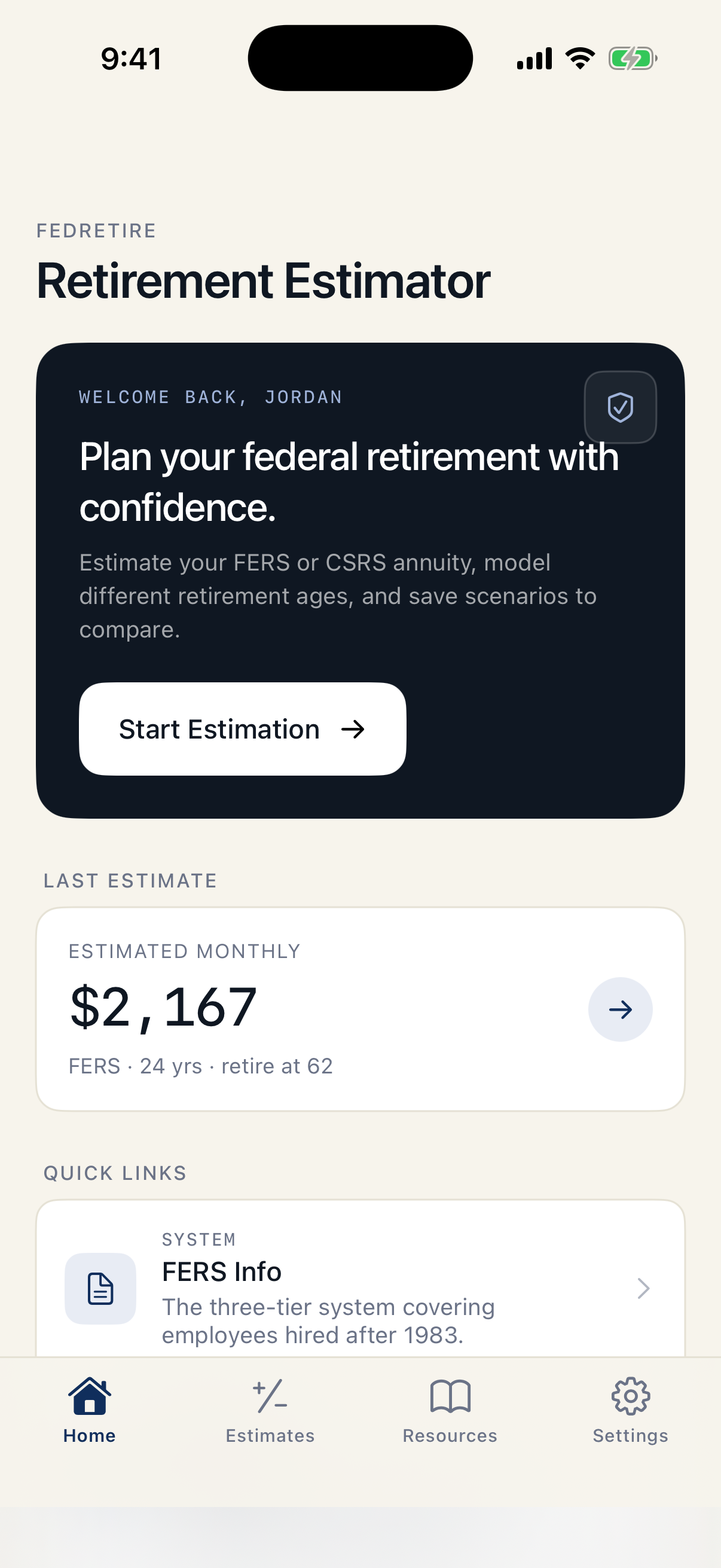 FedRetire home screen with a saved retirement estimate