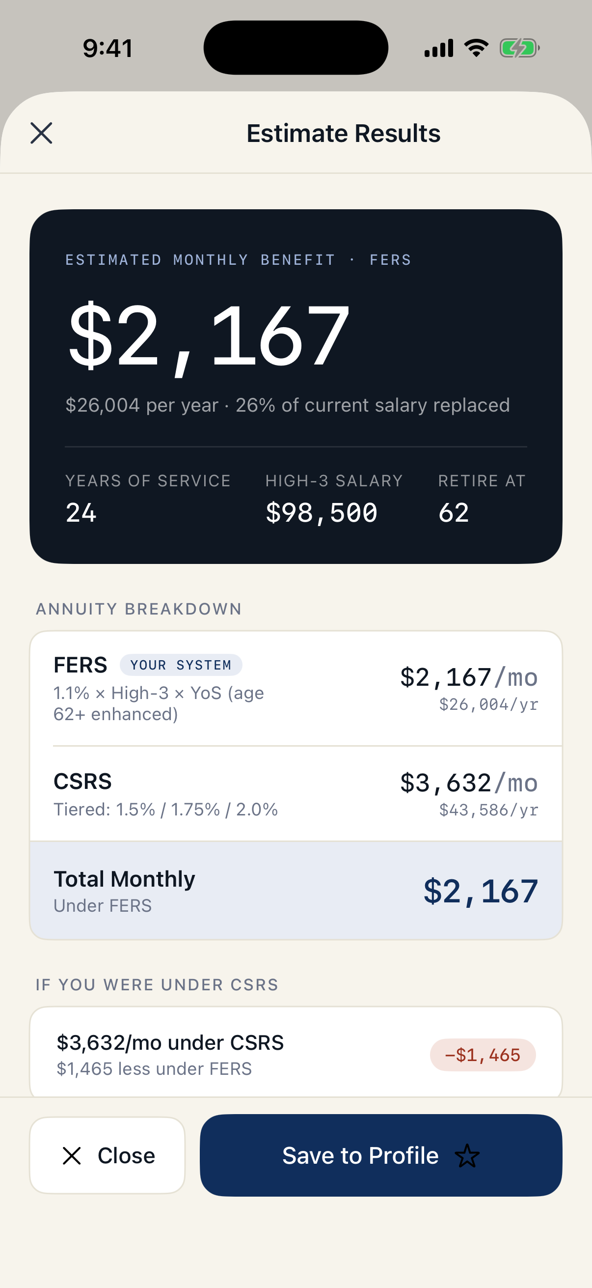 FedRetire estimate results with a FERS and CSRS annuity breakdown